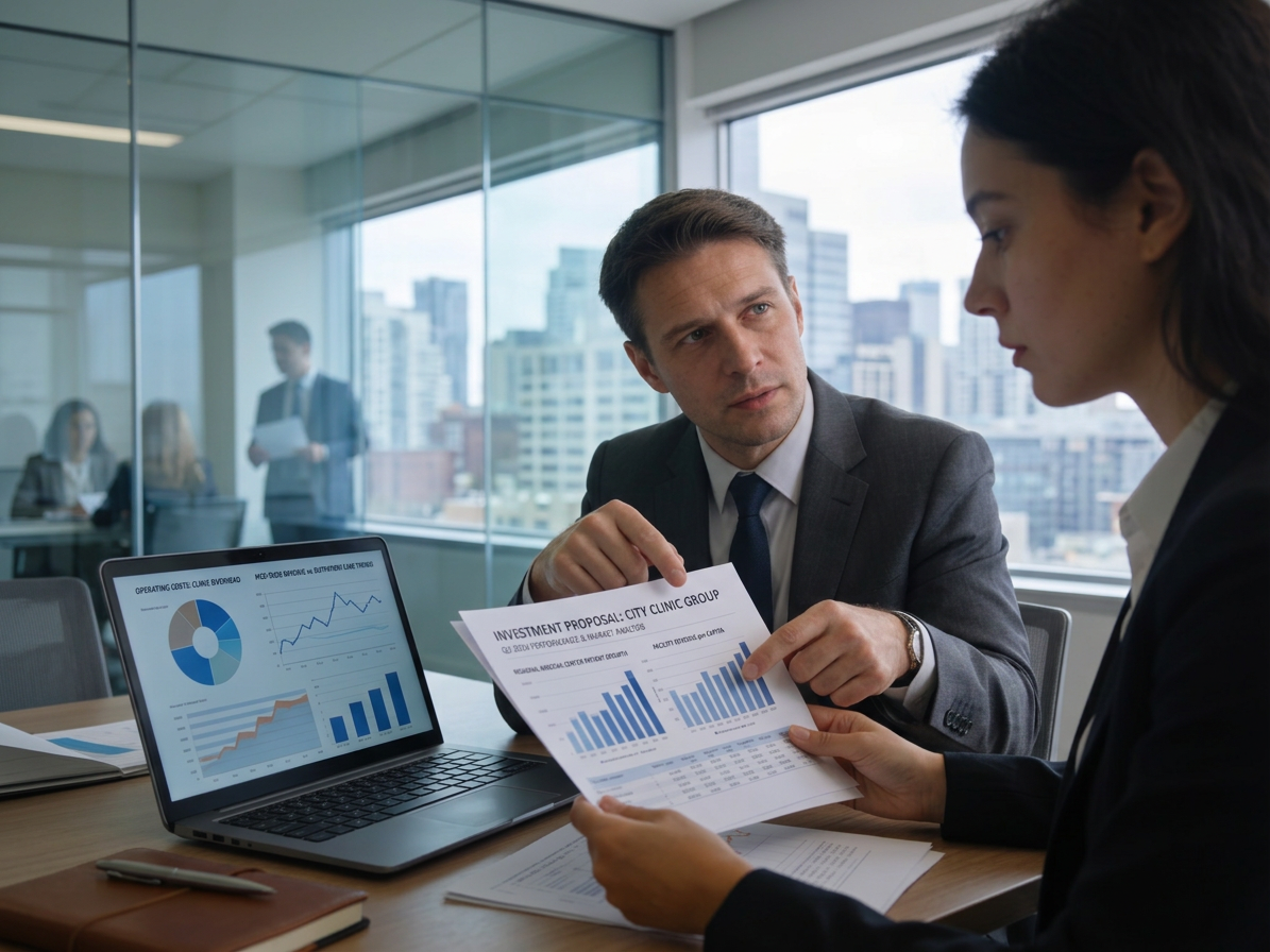 Clinic investment conference with professionals analyzing growth charts naturally.