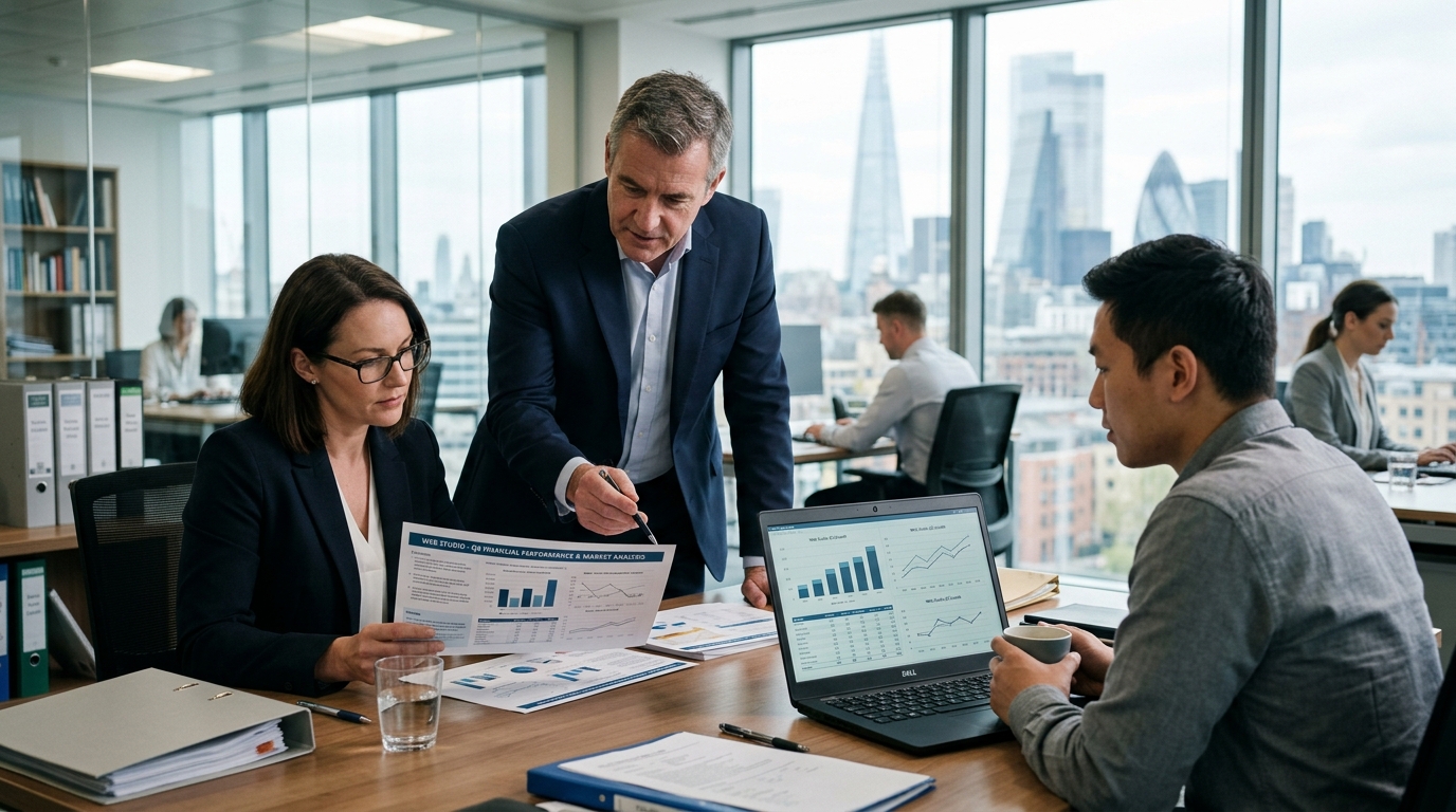 Fund manager conducting digital services sector analysis with benchmark data reports in office setting.